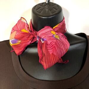 Red Geometric Print Scarf, Yellow Purple Animal Head Sheer Coquette Office Retro